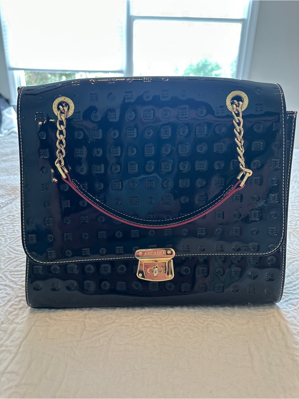 Arcadia Black Patent Leather Shoulder Bag with Gold Chain Handle